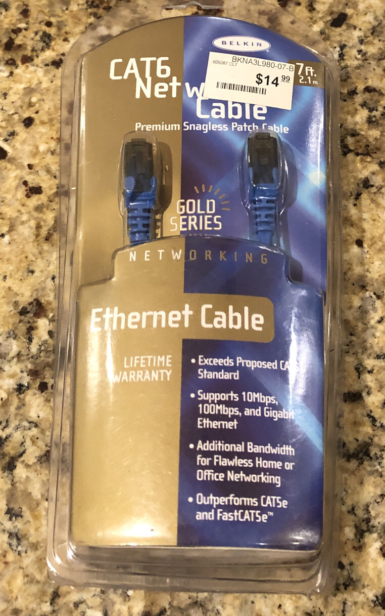 BELKIN CAT6 Network Cable Patch Cable 7’ Gold Series Ethernet Cable. New