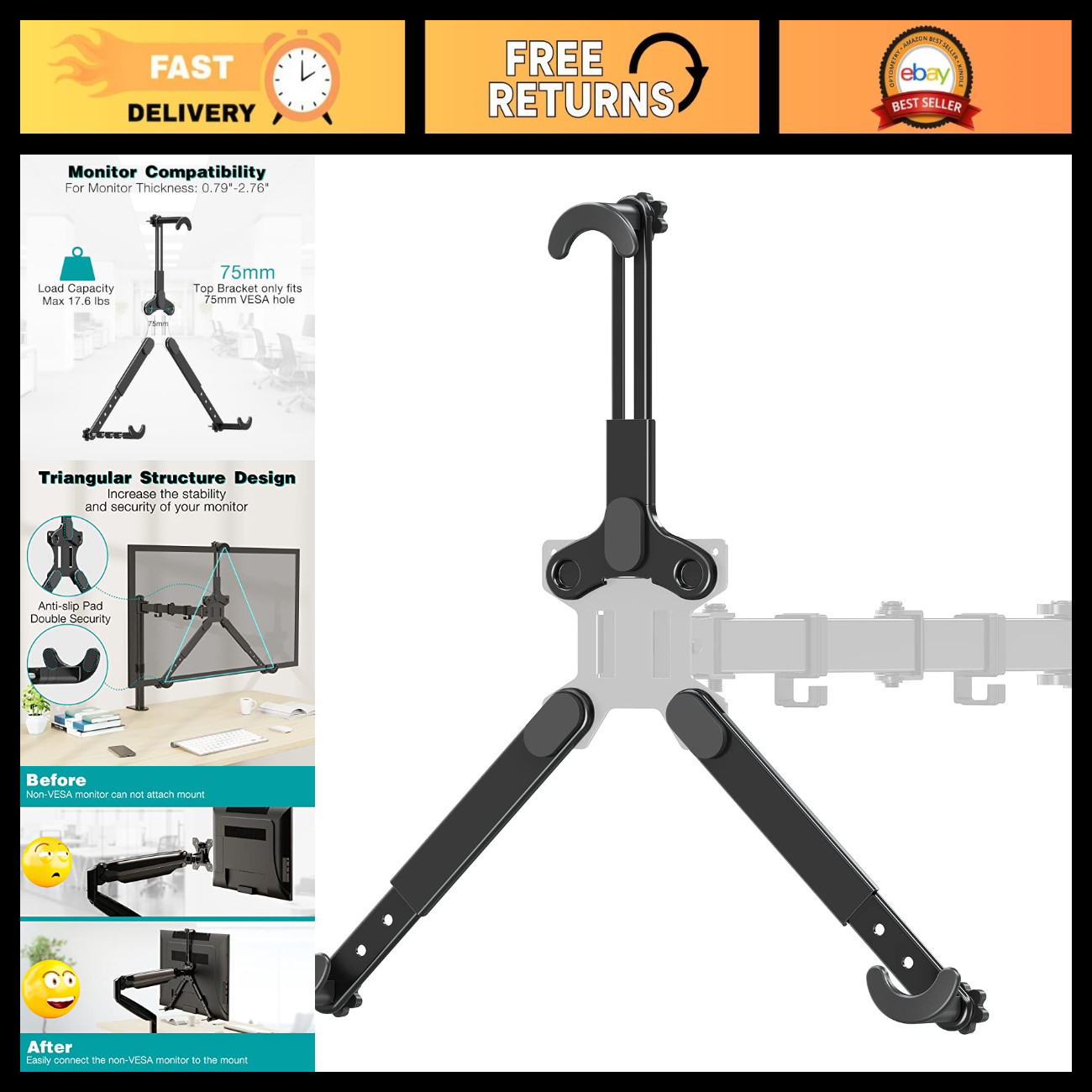 Universal Non-VESA Monitor Mount Adapter, Adjustable VESA Mounting Bracket