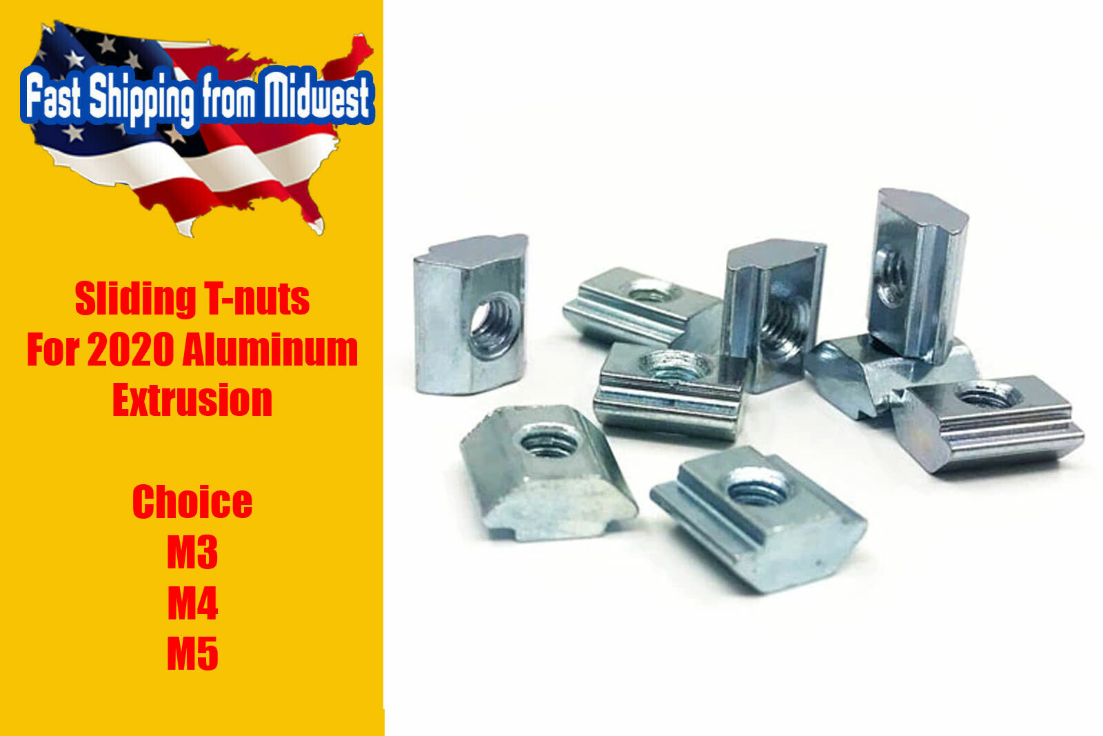 Slide In T Nut M3, M4 M5 / 2020 Series Aluminum Profile Extrusion, Qty 20