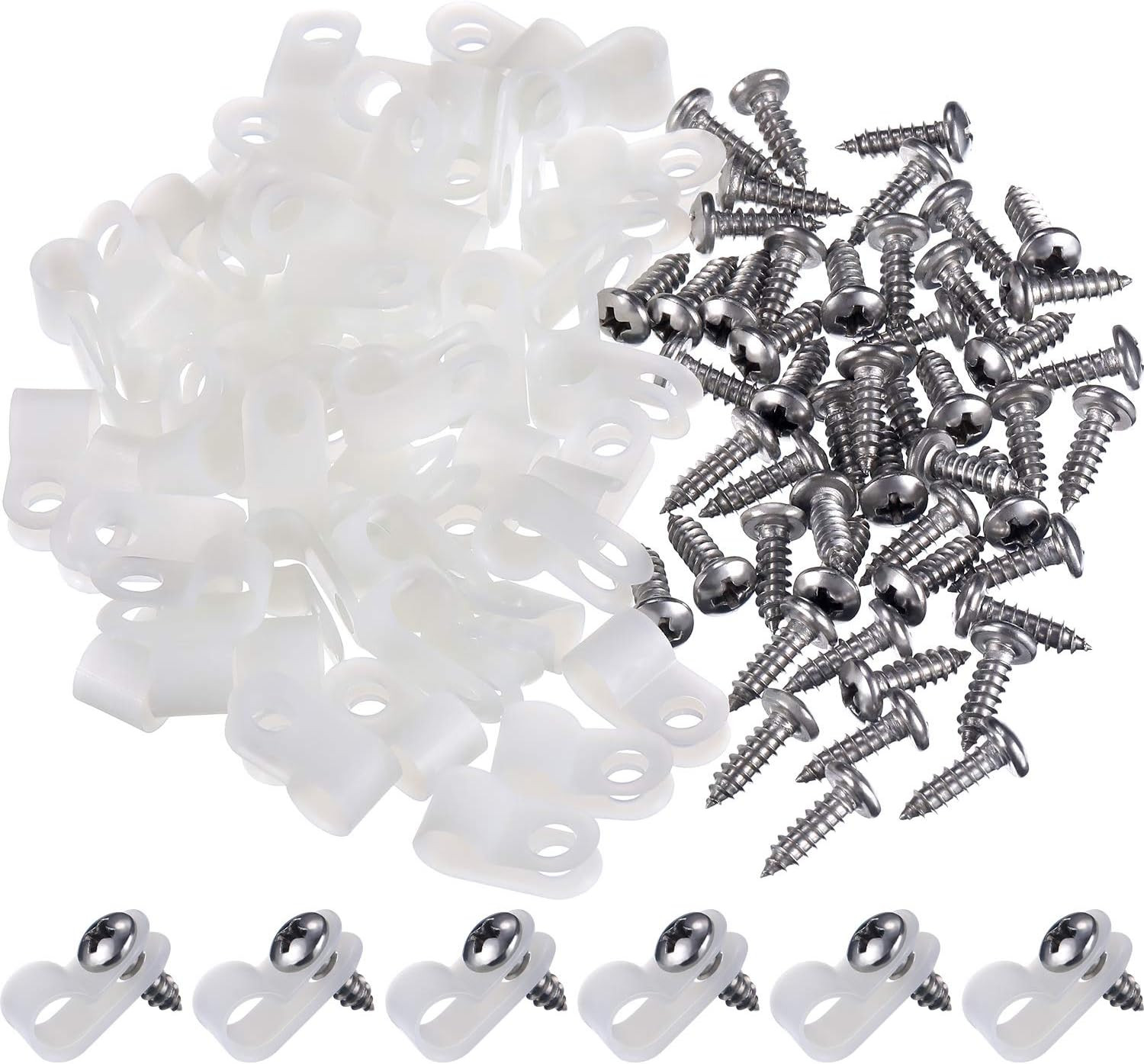 50 Pack R Type Cable Clip Wire Clamp with Screws, 1/4 Inch, White