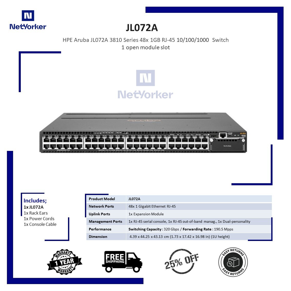 Aruba JL072A 3810 Series 48x 1GB RJ-45 10/100/1000 Ports  Switch-Same Day Shipp