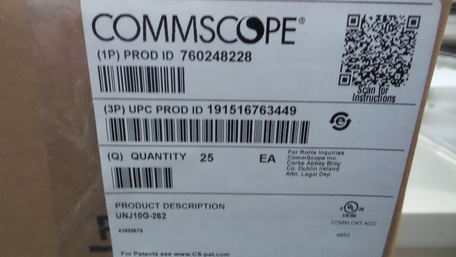 COMMSCOPE UNJ10G-262 CAT6A JACK RJ45, Unshielded, T568A/B White Lot of(25)