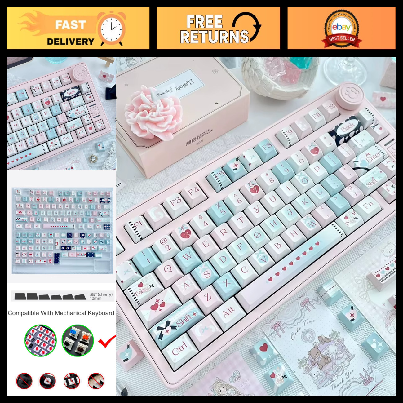 Custom Cute Love Keycaps Set - 134 Cherry Profile PBT Double Shot for Gaming Key