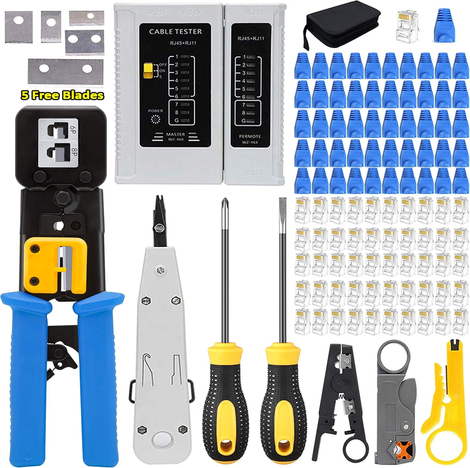 Rj45 Crimping Tool Kit With Cable Tester Stripping Plier And Screwdrivers