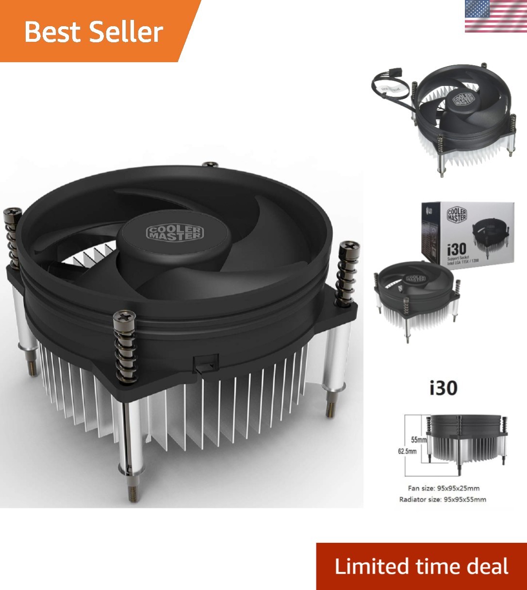 Cooler Master i30 92mm Silent CPU Cooler for Small Chassis – Intel Compatible