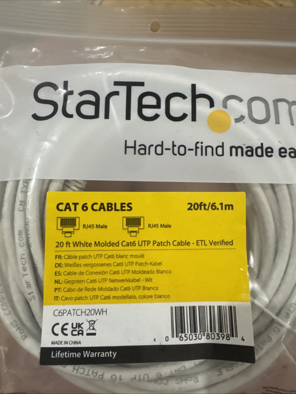 StarTech C6PATCH20WH 20Ft CAT6 Gigabit Ethernet Cable Molded RJ45 UTP Cord White