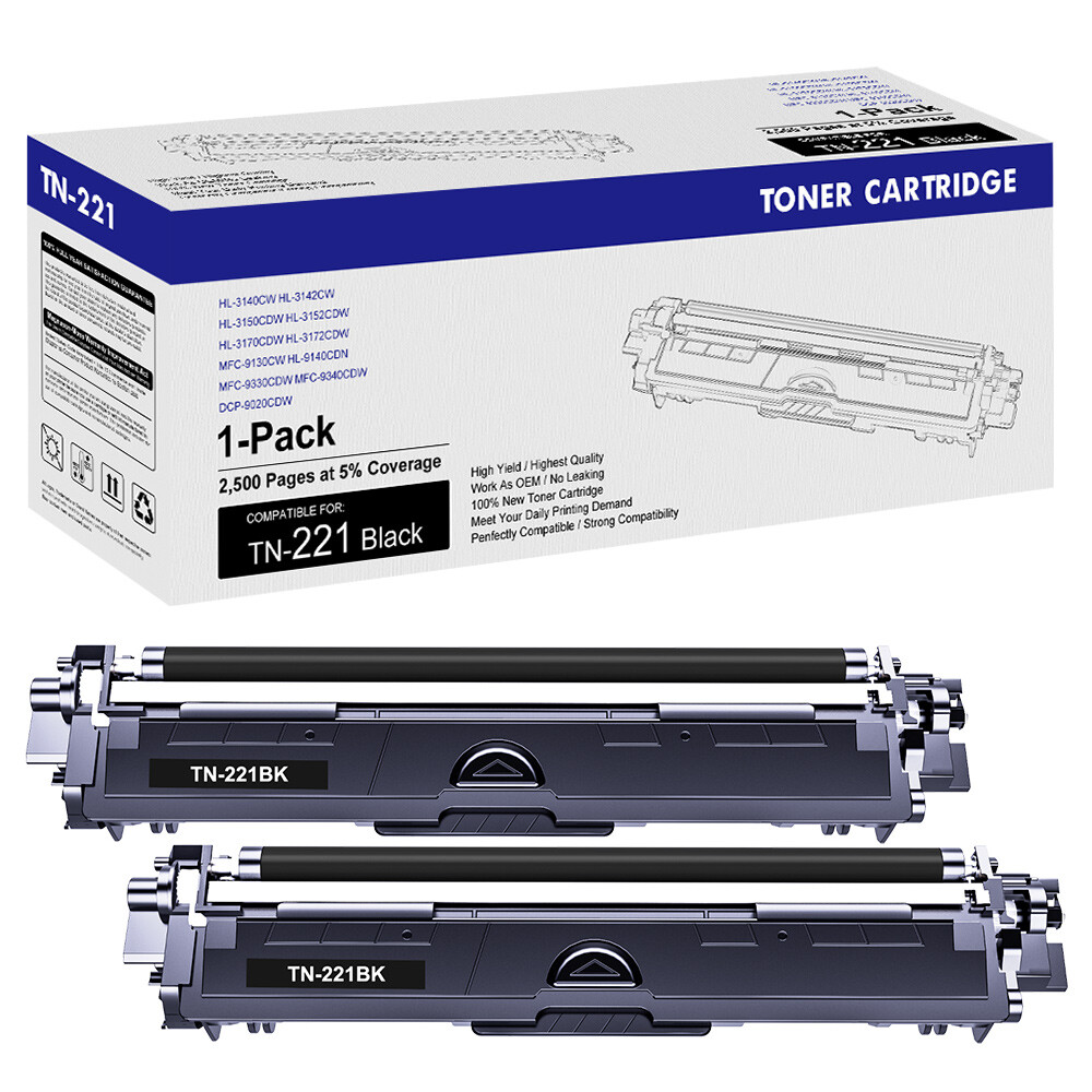 2 Pack Black TN221BK Toner For Brother TN-221 MFC-9130CW MFC-9330CDW HL-3140CW