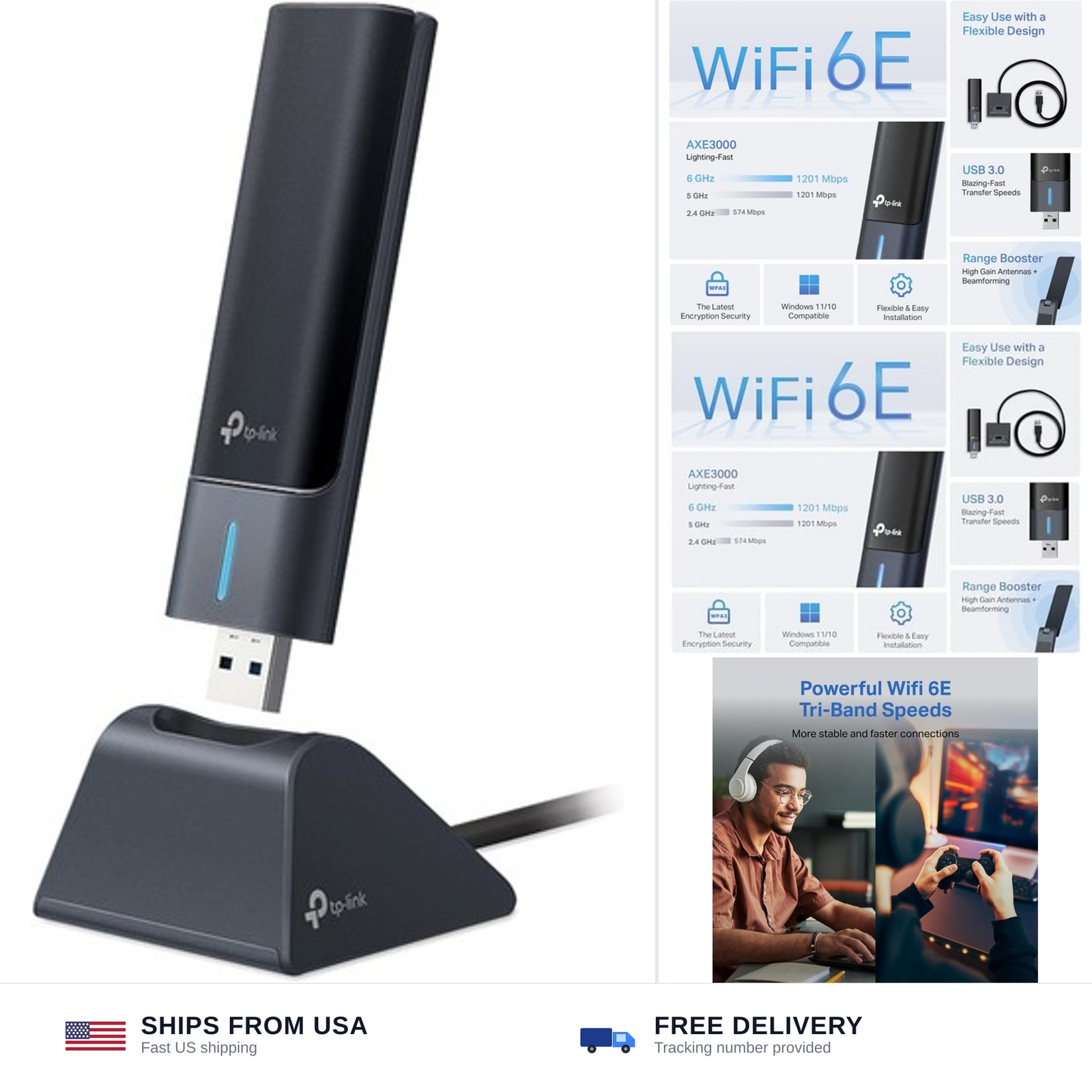 TP-Link USB WiFi 6E Adapter for Desktop PC,AXE3000 Tri-Band USB WiFi Dongle