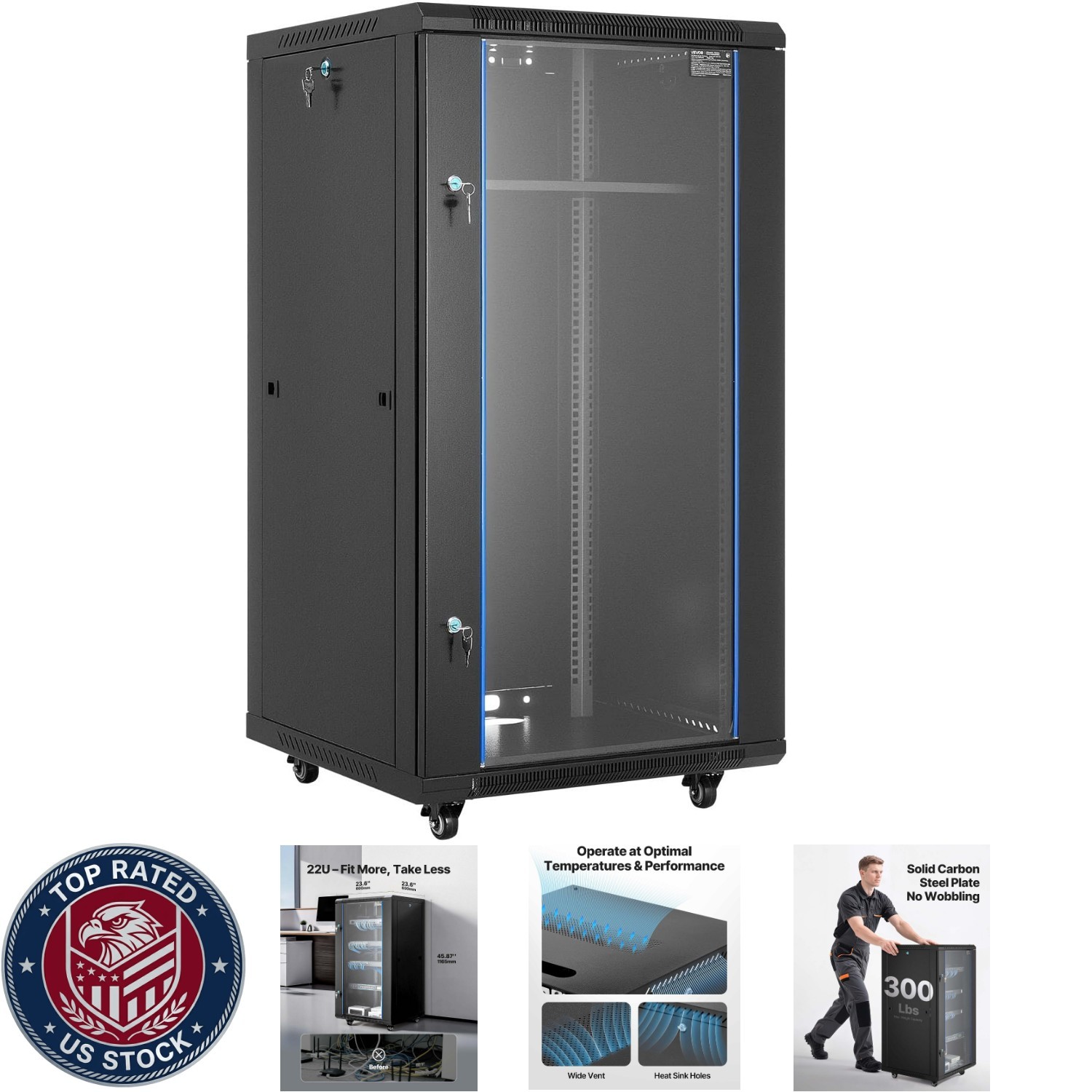 22U Network Cabinet Wall Mount, 23.6 In Depth, 300 Lbs Max Load Capacity Server