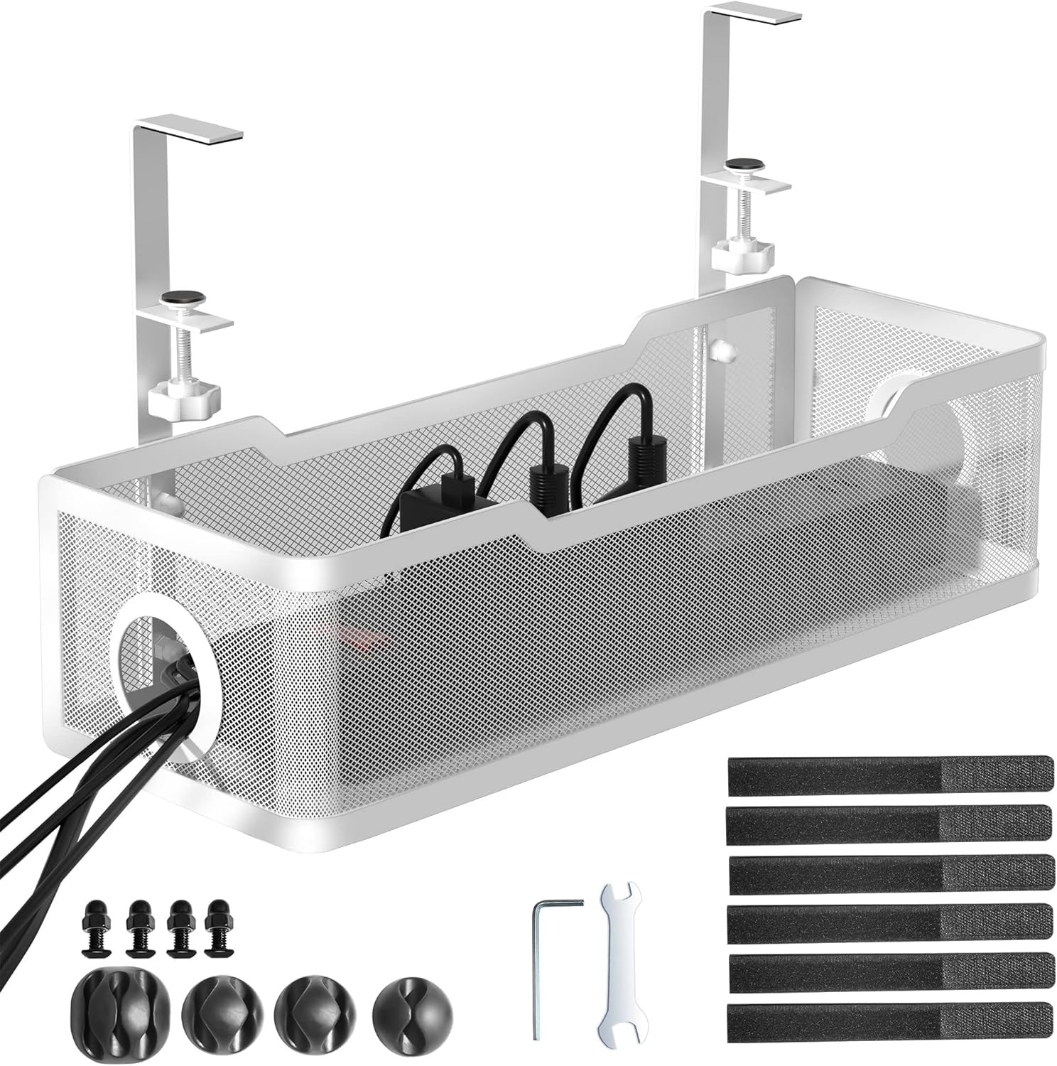 Under Desk Cable Management Tray White No Drill Metal Cord Organizer Clamp