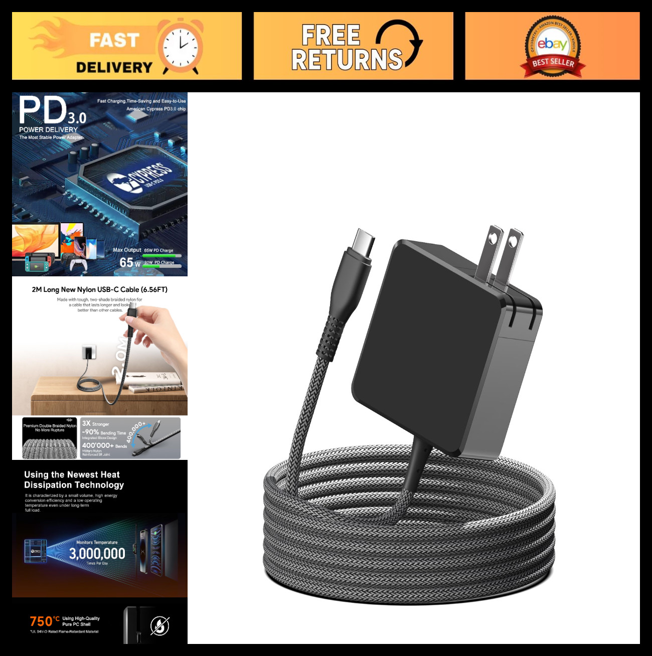 65W USB-C Charger for 15.6" & 17.3" Laptops, PD3.0 GaN Power Supply, 6.6ft Cable