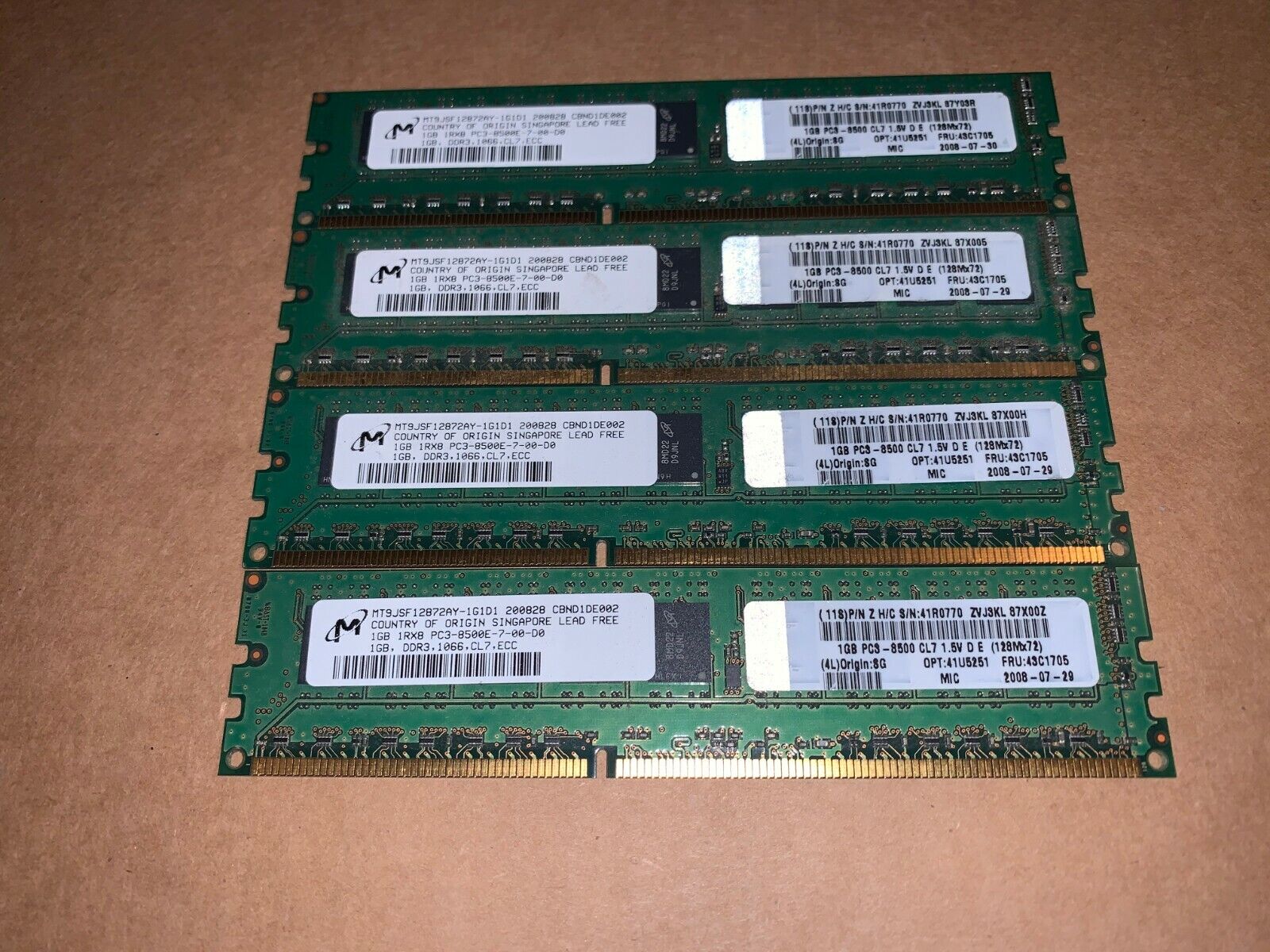 (LOT OF 4) IBM 1GB DDR3 1066 PC8500 MEMORY 43C1705 / 41U5251 / 41R0770