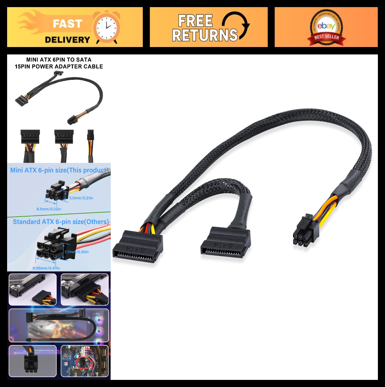 Mini ATX 6-Pin to SATA 15-Pin Adapter Cable for HDD/SSD/Optical Drive - 45cm + 1