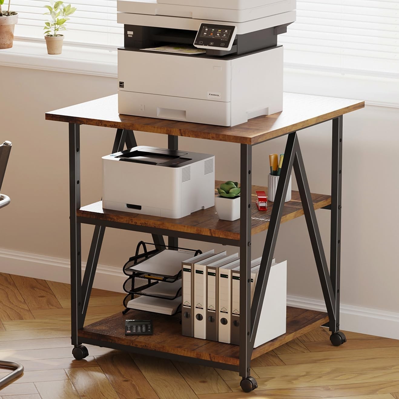 3-Tier Rolling Printer Stand with Storage Industrial Cart Brown