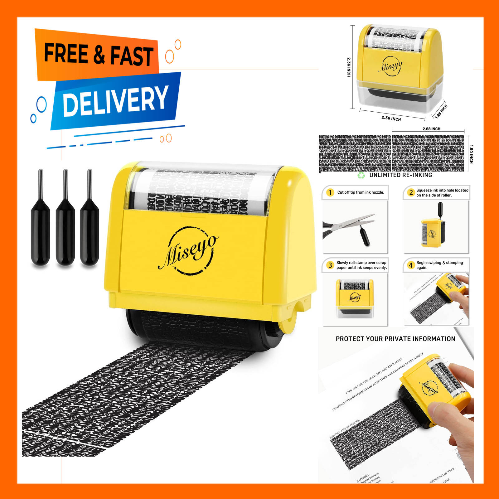 Identity Theft Protection Roller Stamp Set Yellow Refill Ink Included
