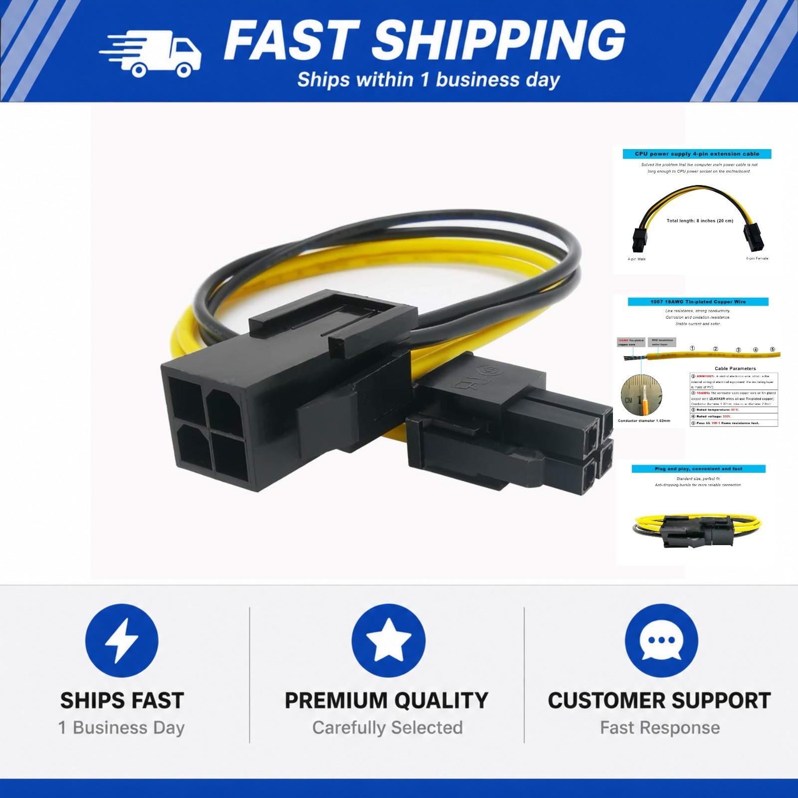 4 Pin P4 CPU Power Extension Cable for Desktop Computer (8 Inch,18AWG), Connect