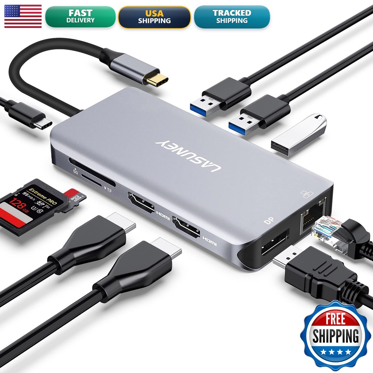 Lasuney 10 in 1 USB C HUB Triple Display Docking Station 2 HDMI Displayport