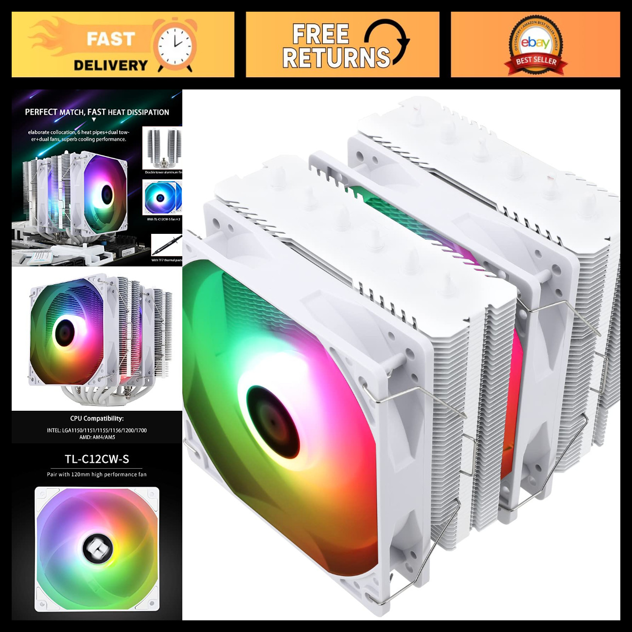 High-Performance CPU Air Cooler, 6 Heat Pipes, Dual 120mm Fans, RGB Lighting, AM