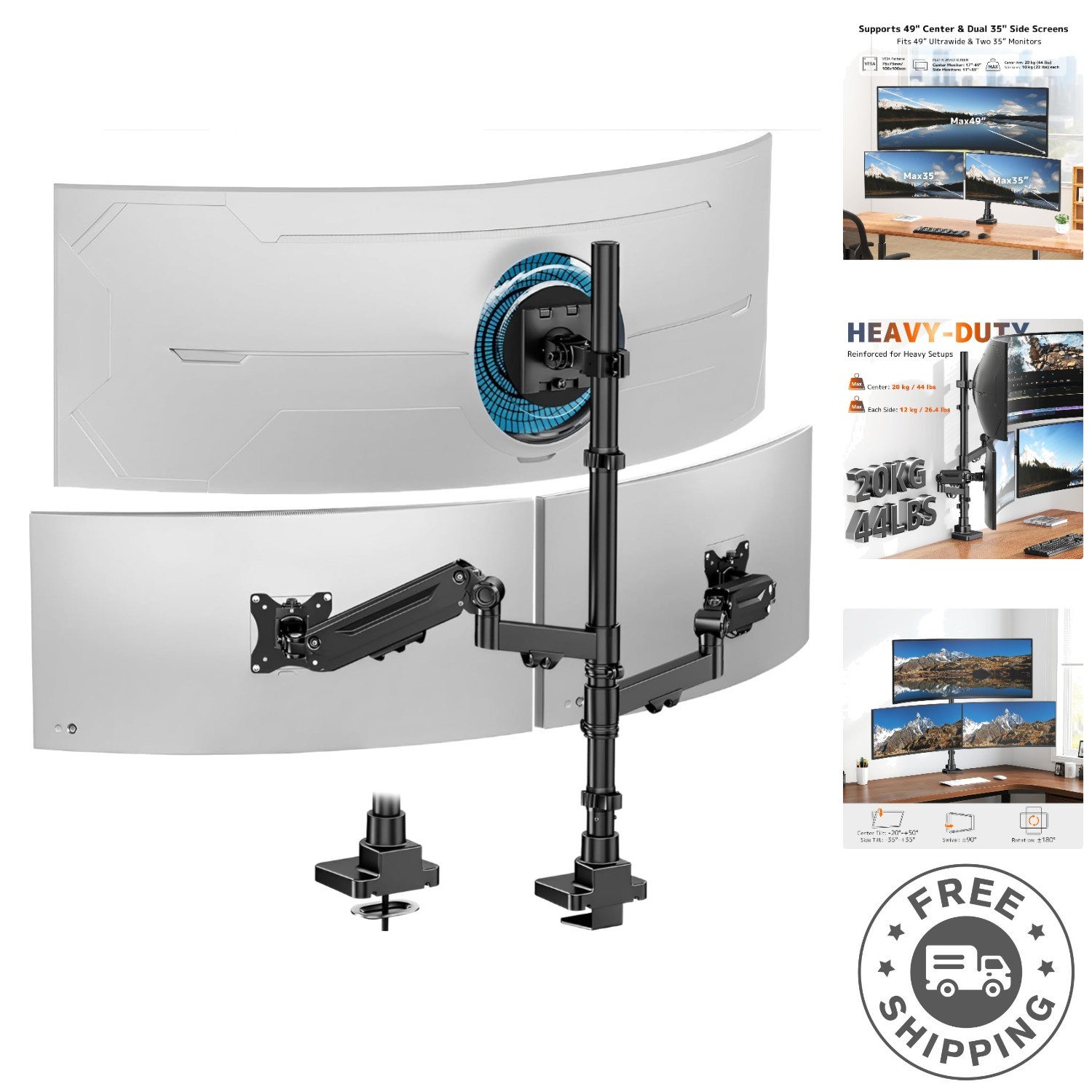 Heavy Duty Triple Monitor Mount with Cable Management, Fits 49-Inch Screens