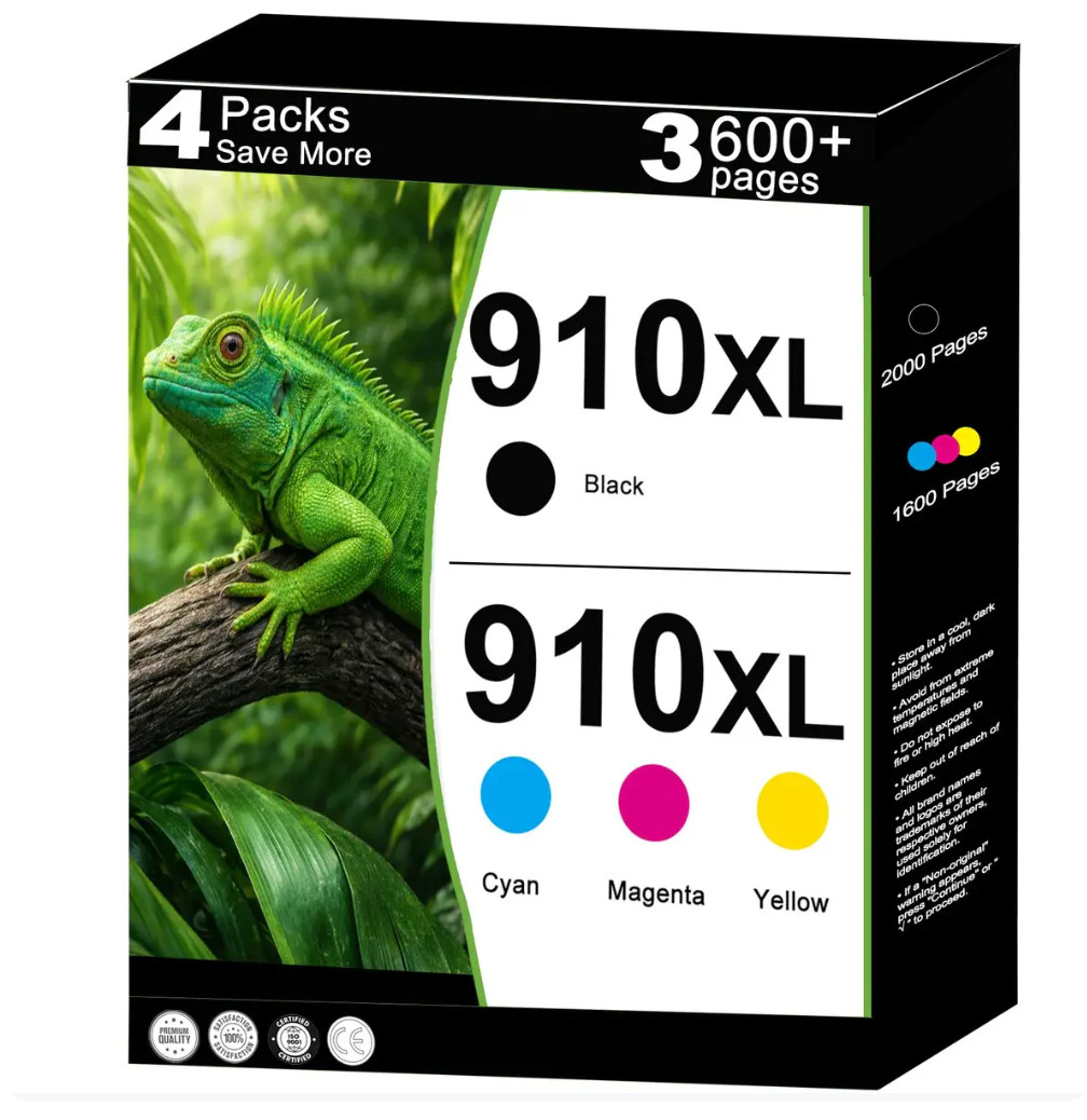 Pack of 4 High-Yield Ink Cartridges 910XL Replacement V21.3.1 Chip