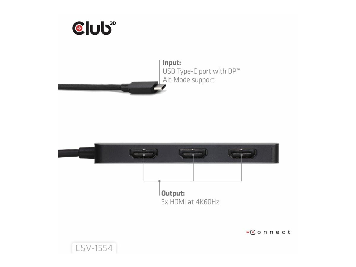 Club 3D MST Hub USB Type-C to Triple HDMI 4K60Hz Cable Digital/Data CSV-1554