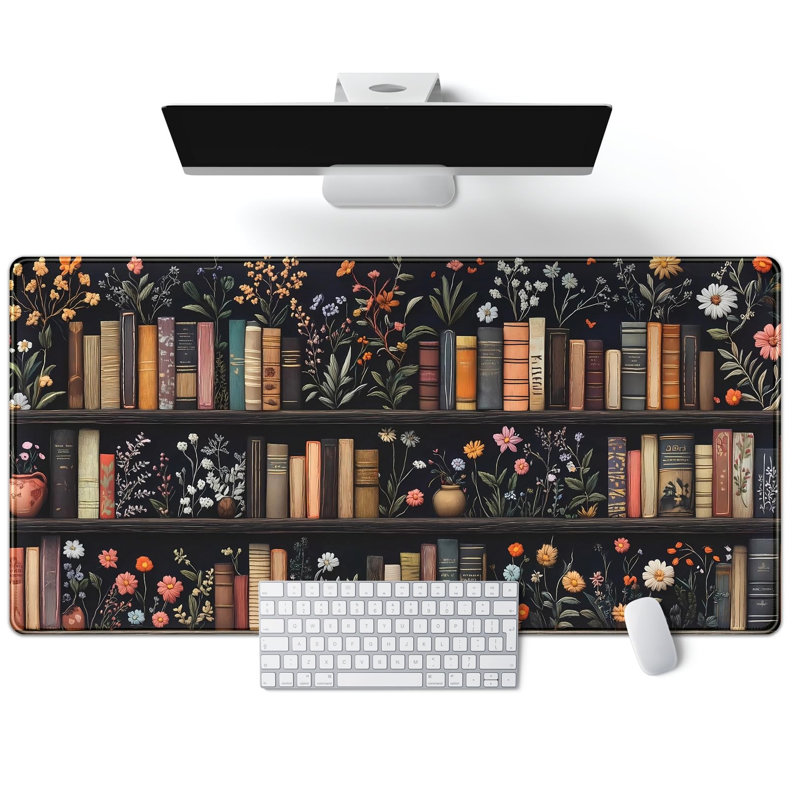 Bookish Floral Bookshelf Desk Pad XXL Gaming Mousepad 31.5x15.7 Inch