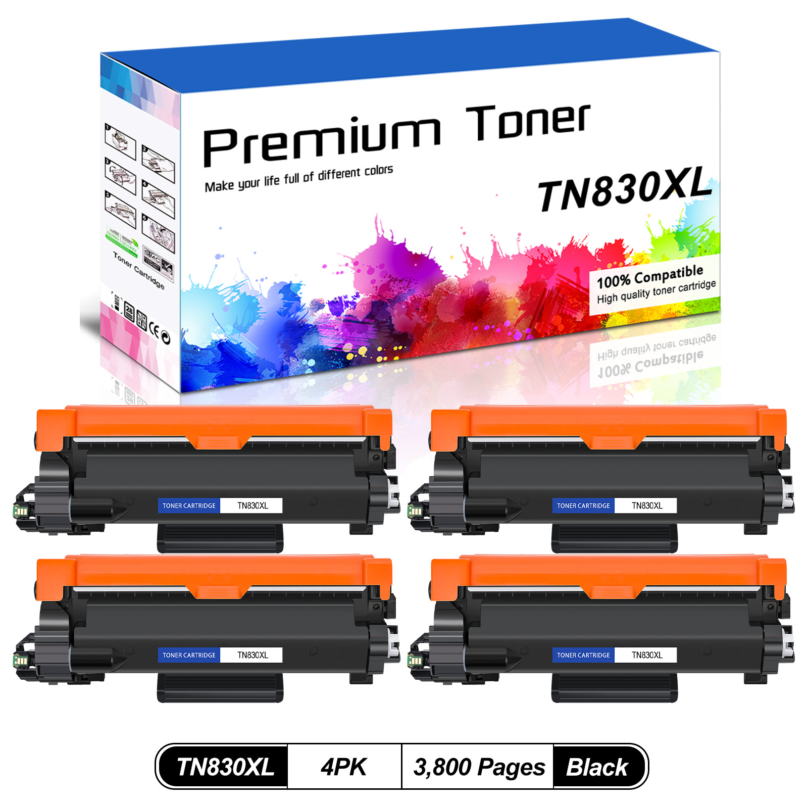 4PK TN830XL Toner Cartridge Compatible for Brother TN830 MFC-L2900DW MFC-L2980DW