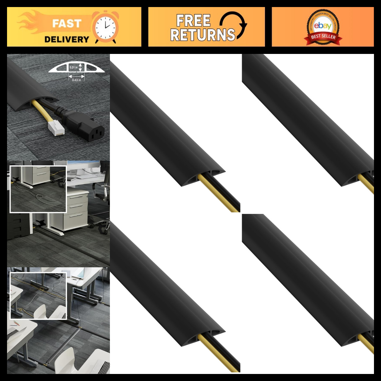6ft Floor Cord Cover - Heavy Duty Cable Protector, Hide Extension Cords, Prevent