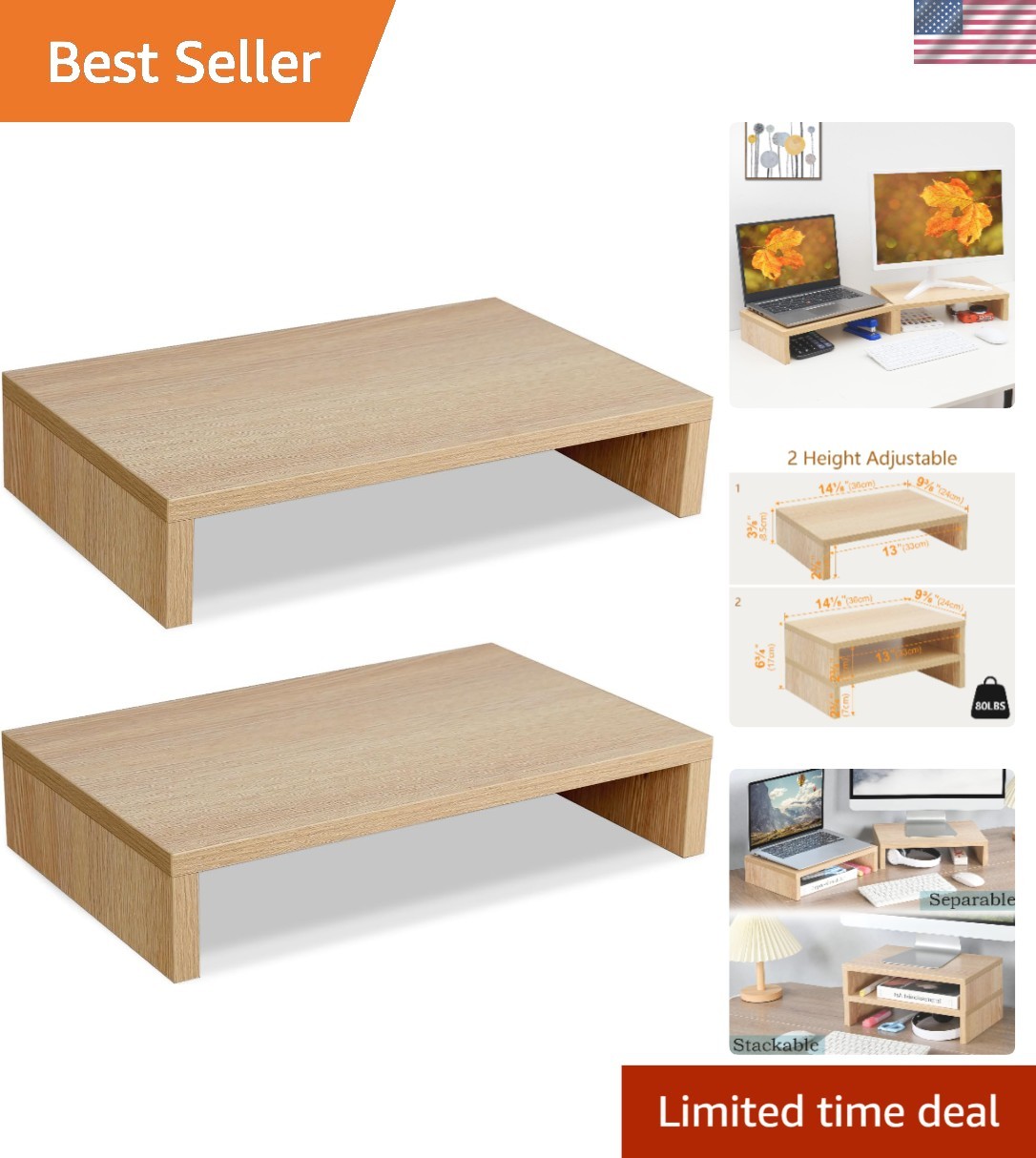Dual Adjustable Wood Monitor Stand Riser - Stylish & Ergonomic Tech Solution