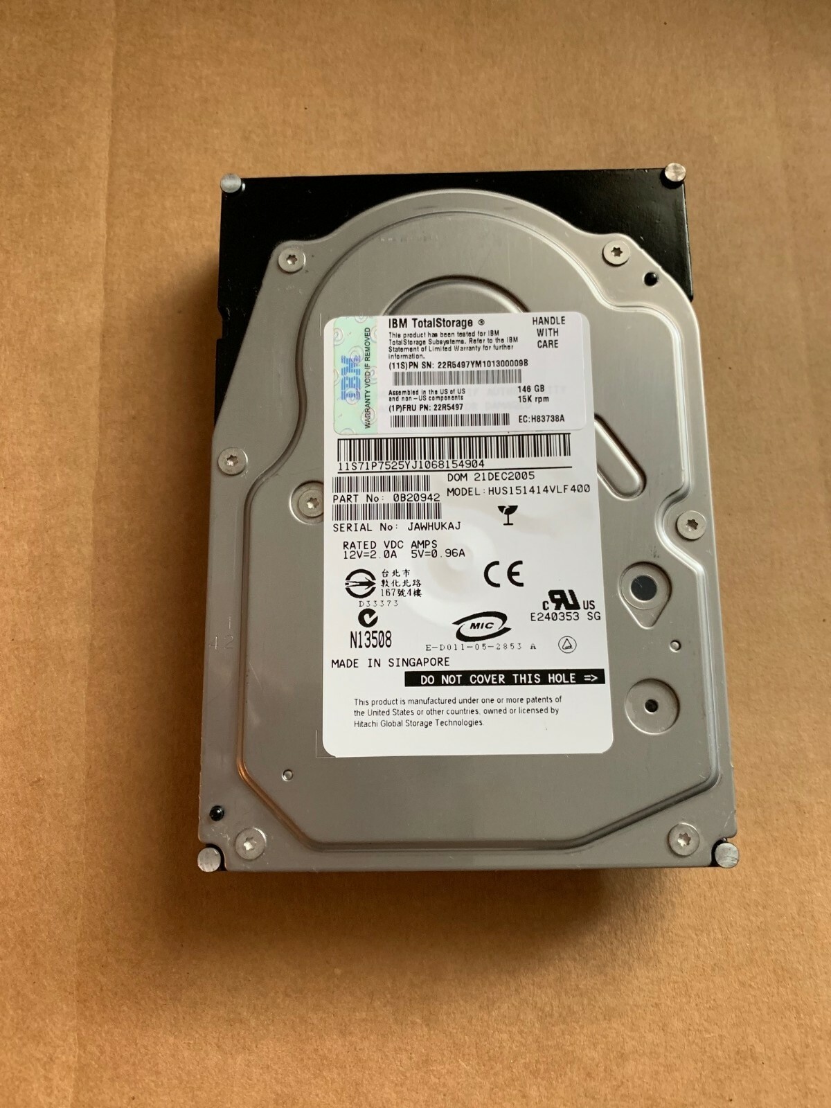 IBM TOTALSTORAGE 146GB 15K RPM FC Hard Drive 71P7525 / 22R5497 / HUS151414VLF400