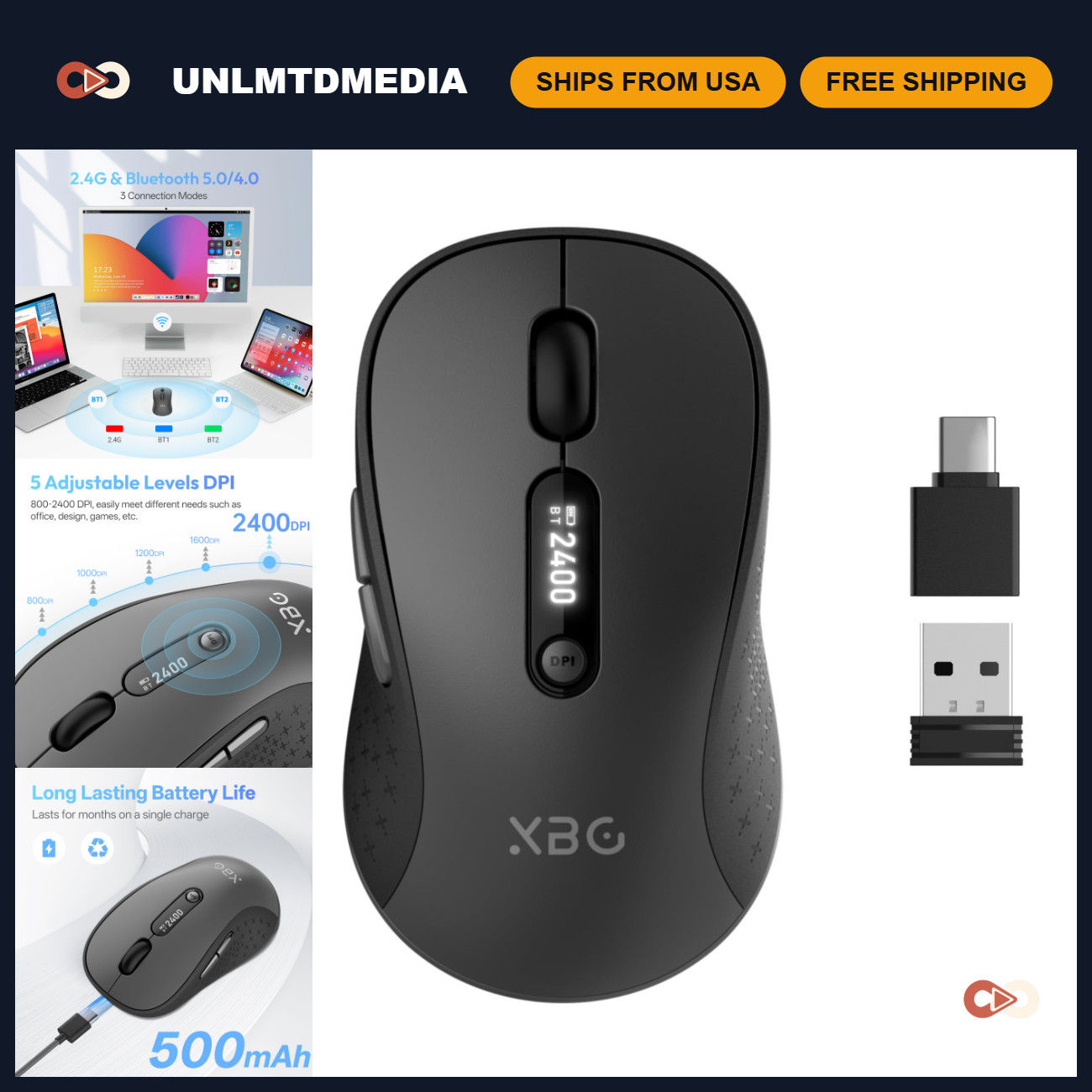 Tri-Mode Wireless Bluetooth Mouse with LED Display for Laptop & PC - Ergonomic D