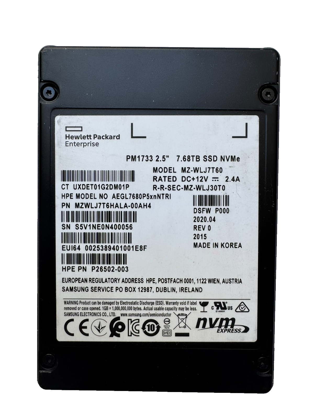 HPE SAMSUNG PM1733 7.68TB 2.5" PCIex4 NVMe SSD/VeryLow Hours/Perfect 100% HEALTH
