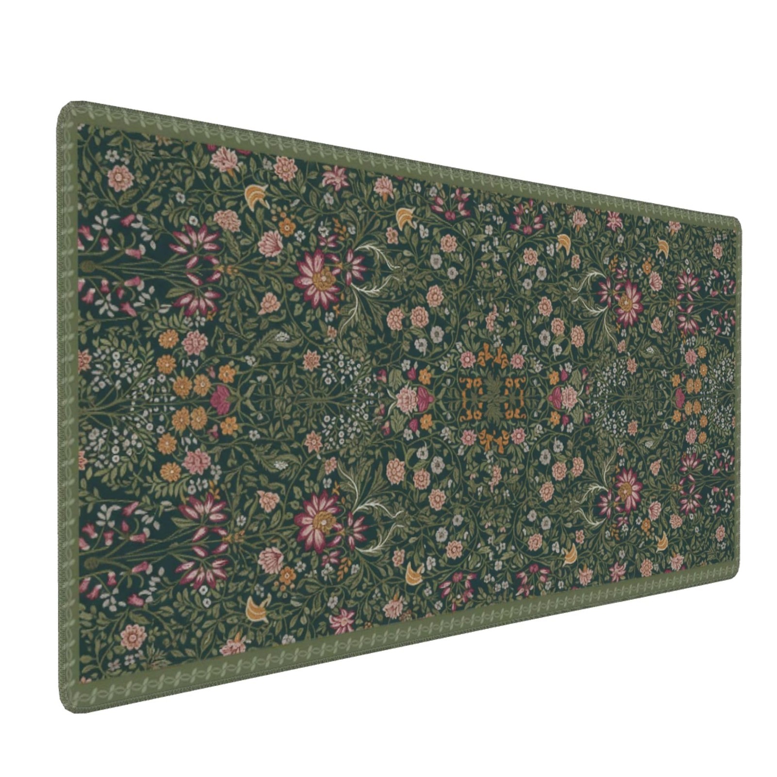 Dark Green Floral XXL Desk Mat, Extra Large Pad with Anti-Slip Base & Stitche...