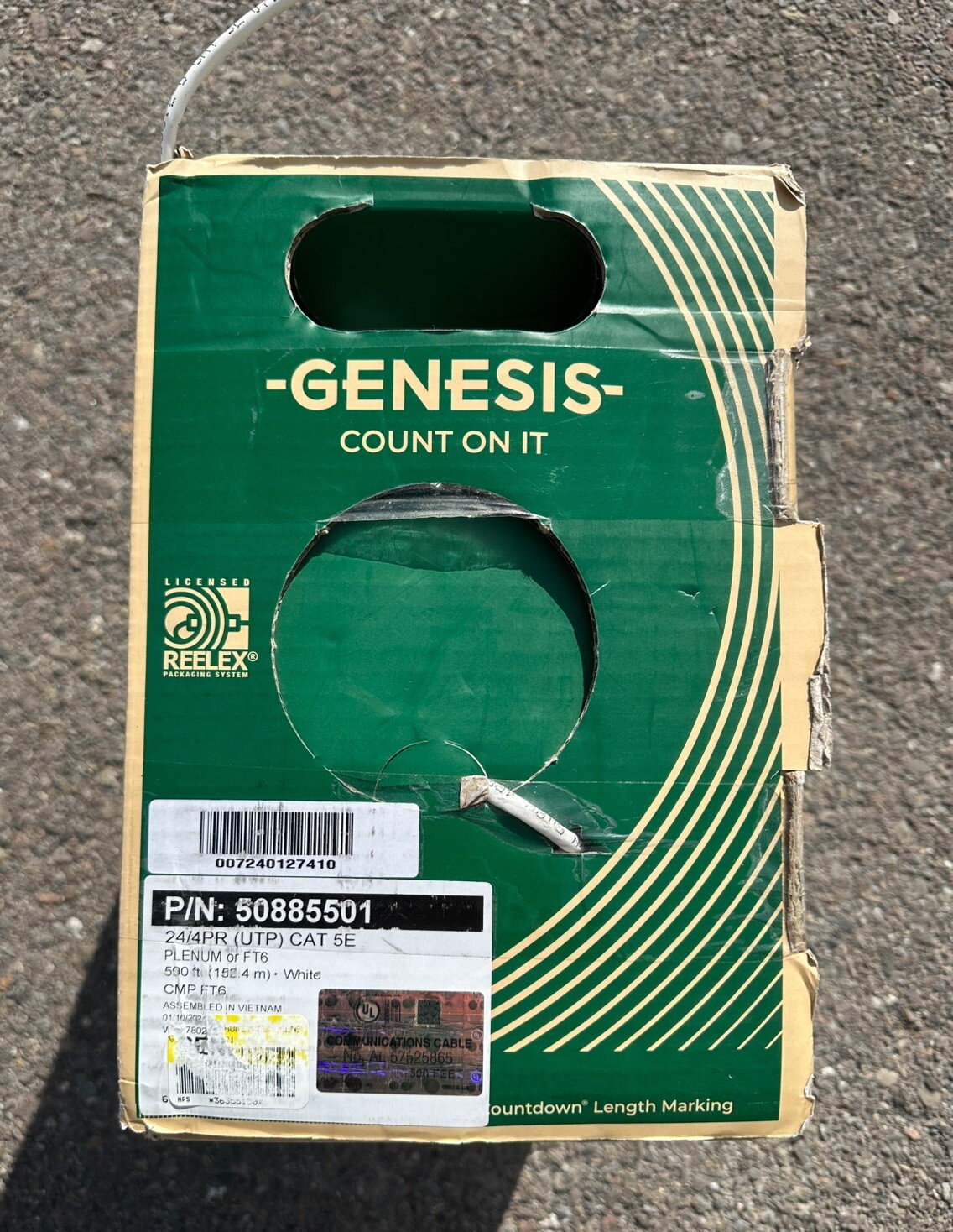 cat5e Riser Cable 500ft 24/4 Genesis 50785501, Reflex Pullbox, Color White