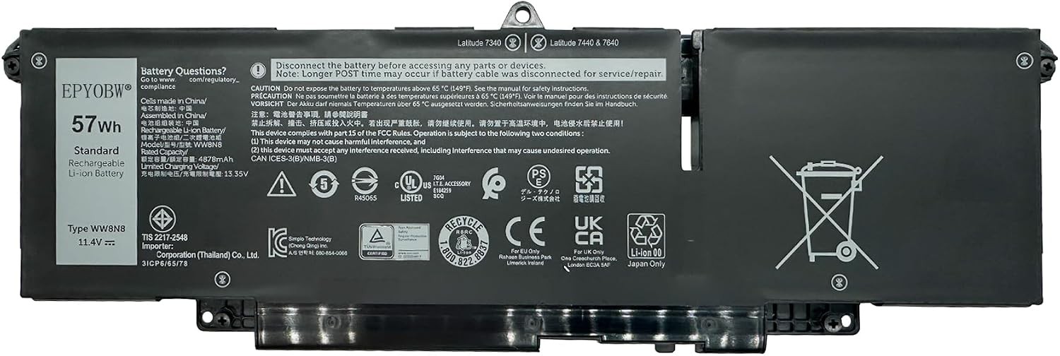 WW8N8 Laptop Battery 57Wh Compatible with DELL Latitude 7340 7350 7440 7450