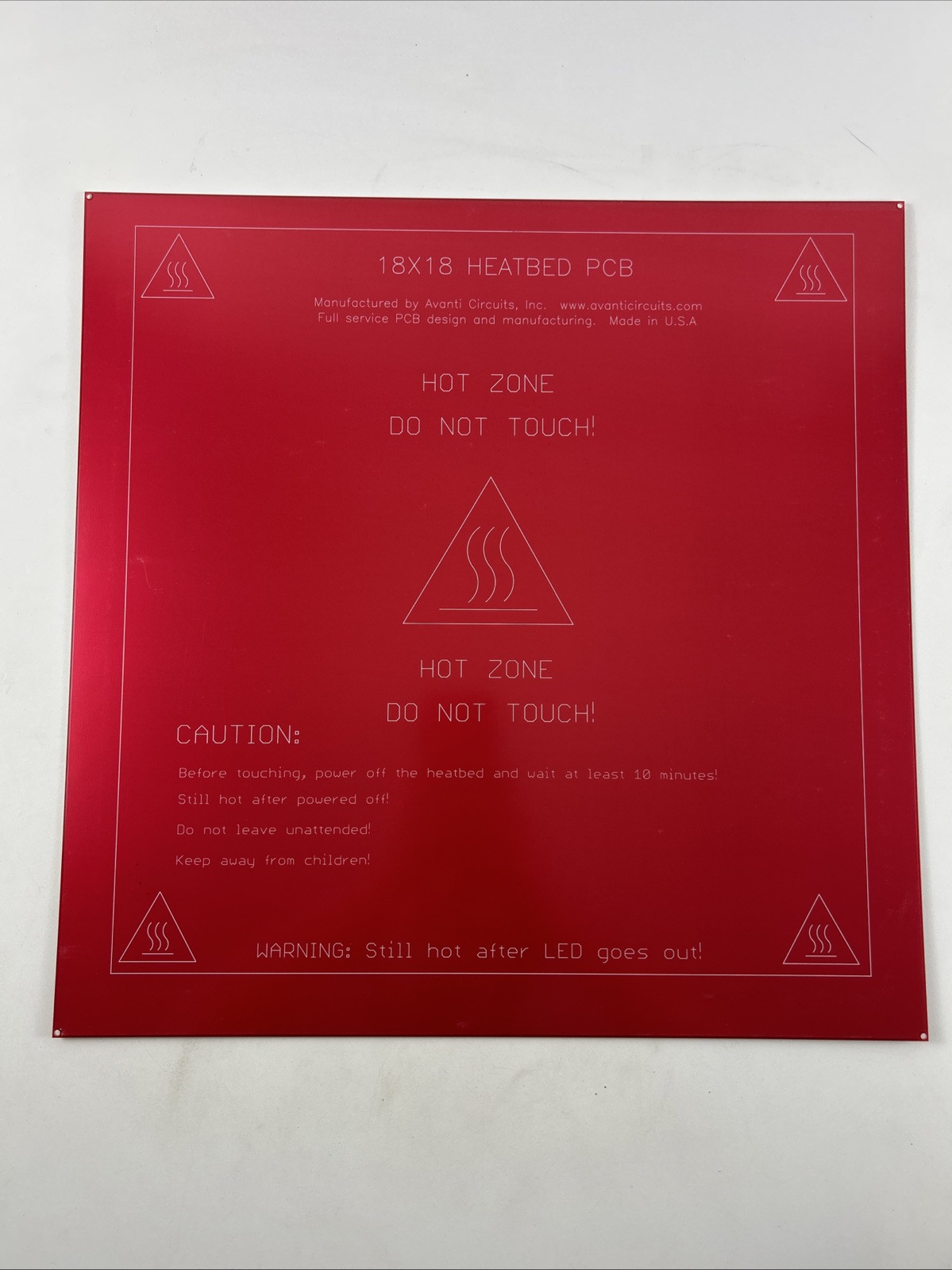 RepRap PCB Heatbed 18” X 18”- 12 Volt for 3D Printer - Made in USA