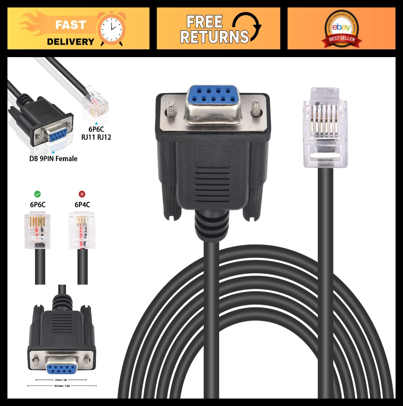DB9 to RJ11 Serial Adapter Cable - RS232 Female to RJ12 6P6C, 6FT Network Contro