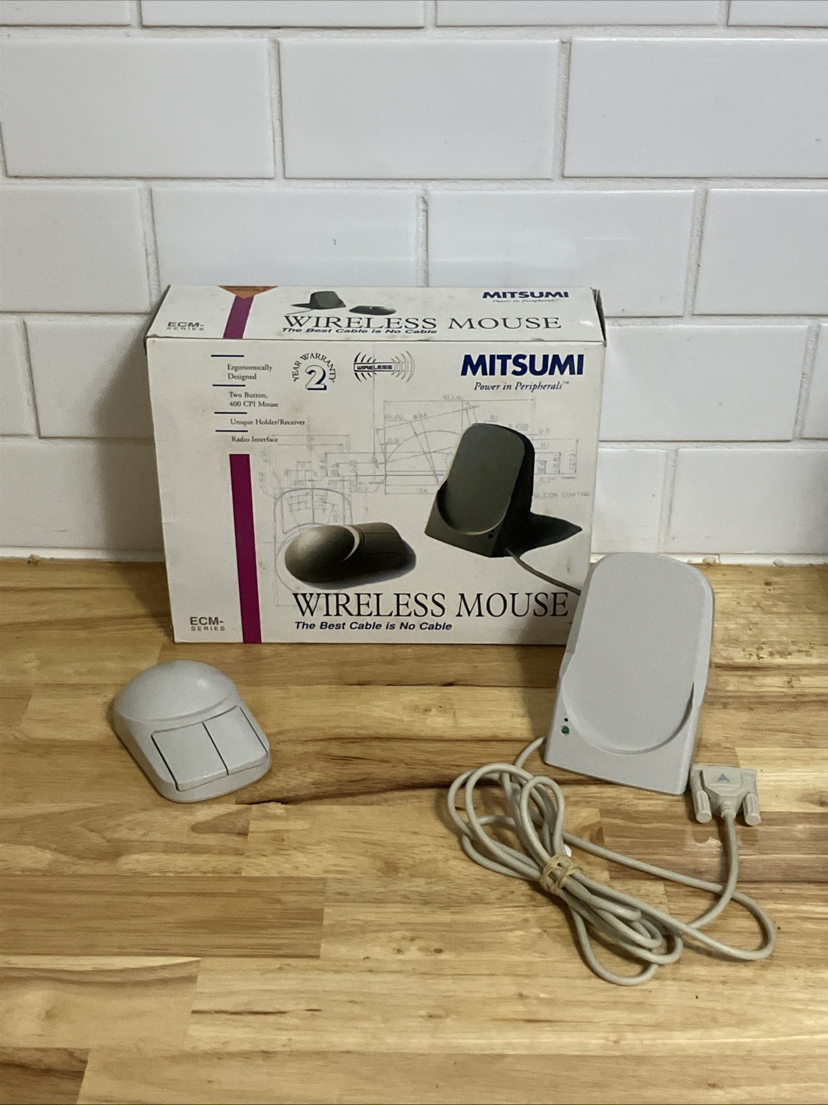 Mitsumi 2 Button Wireless Mouse and Receiver Serial Port Ball RARE VINTAGE