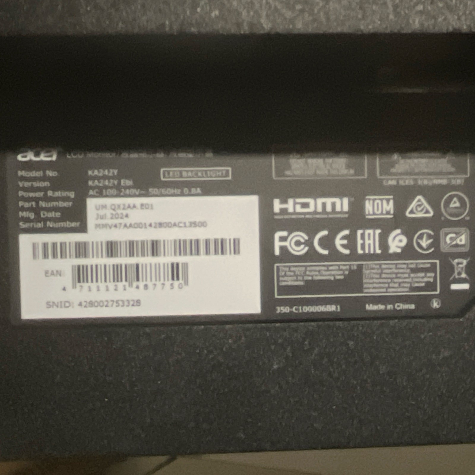 Acer KA242Y 23.8in FHD 100Hz 1ms LED Monitor HDMI Wall Mountable Black