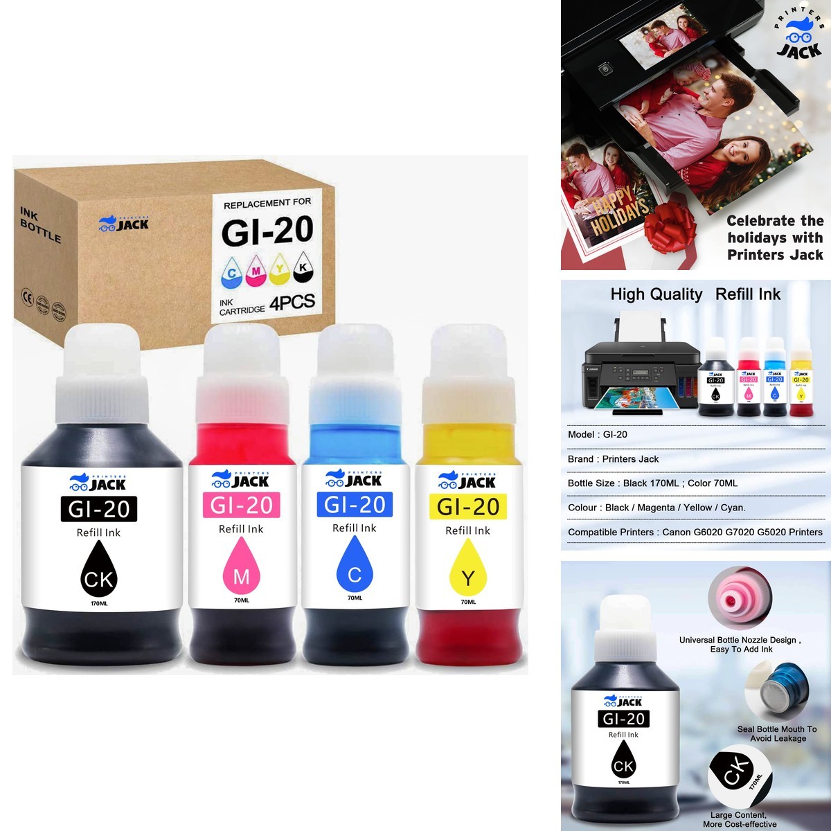 Printers Jack Compatible Canon GI-20 GI20 Refill Ink Bottles Kit Canon PIXMA