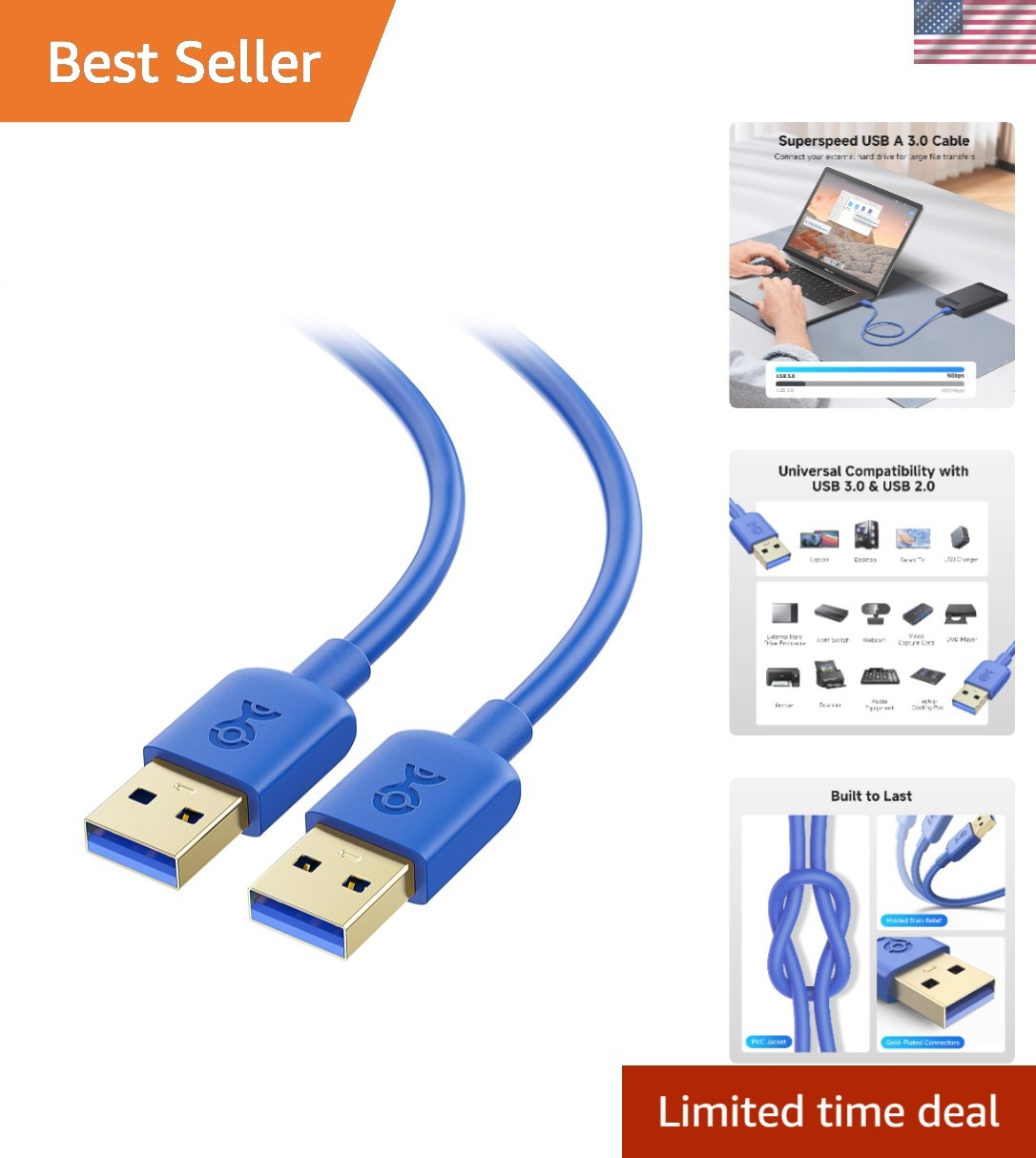 2-Pack USB 3.0 Cable 6ft Blue