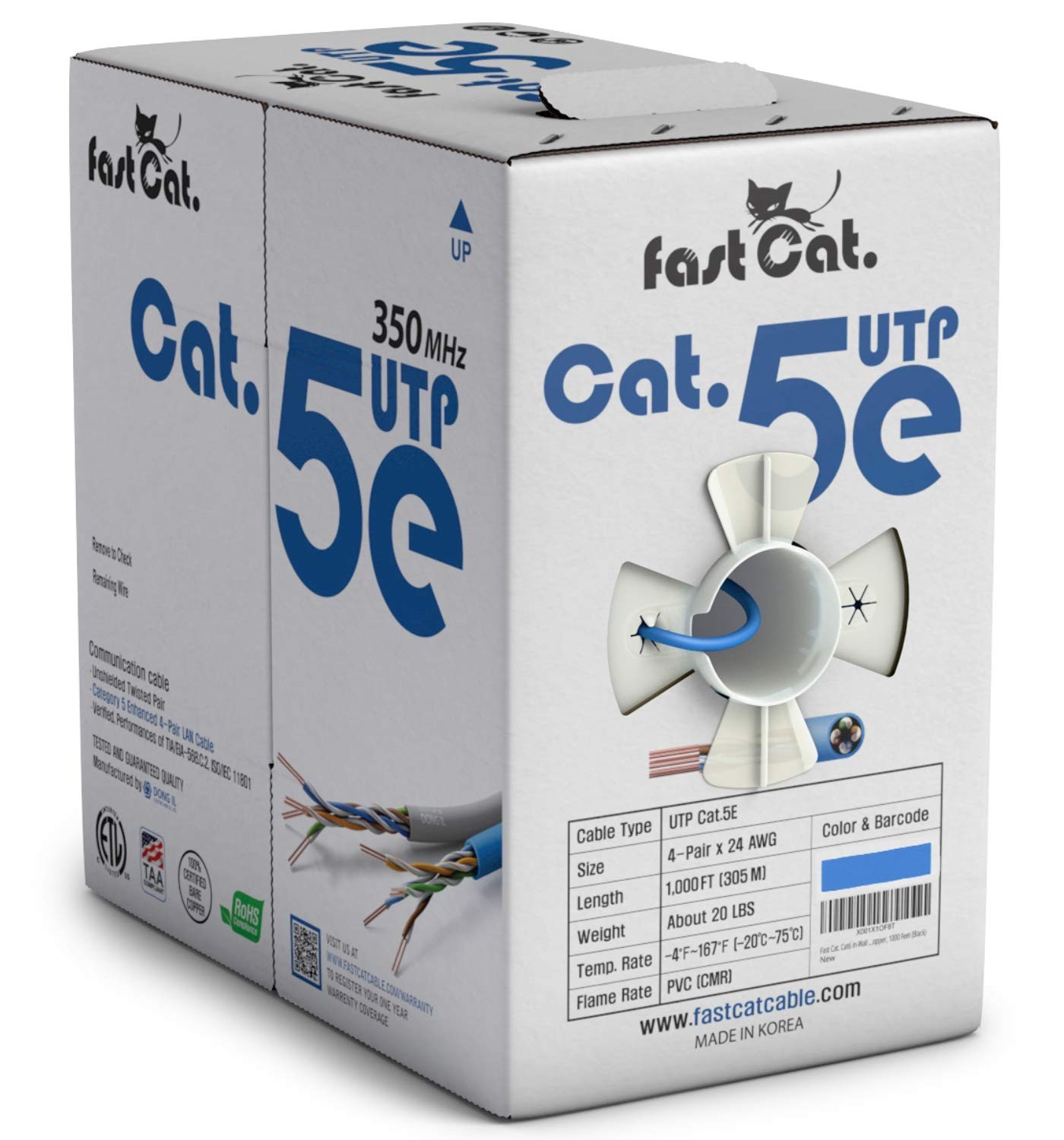 fast Cat. Cat5e Ethernet Cable 1000ft - ETL Listed 24 AWG, CMR, Insulated Bare
