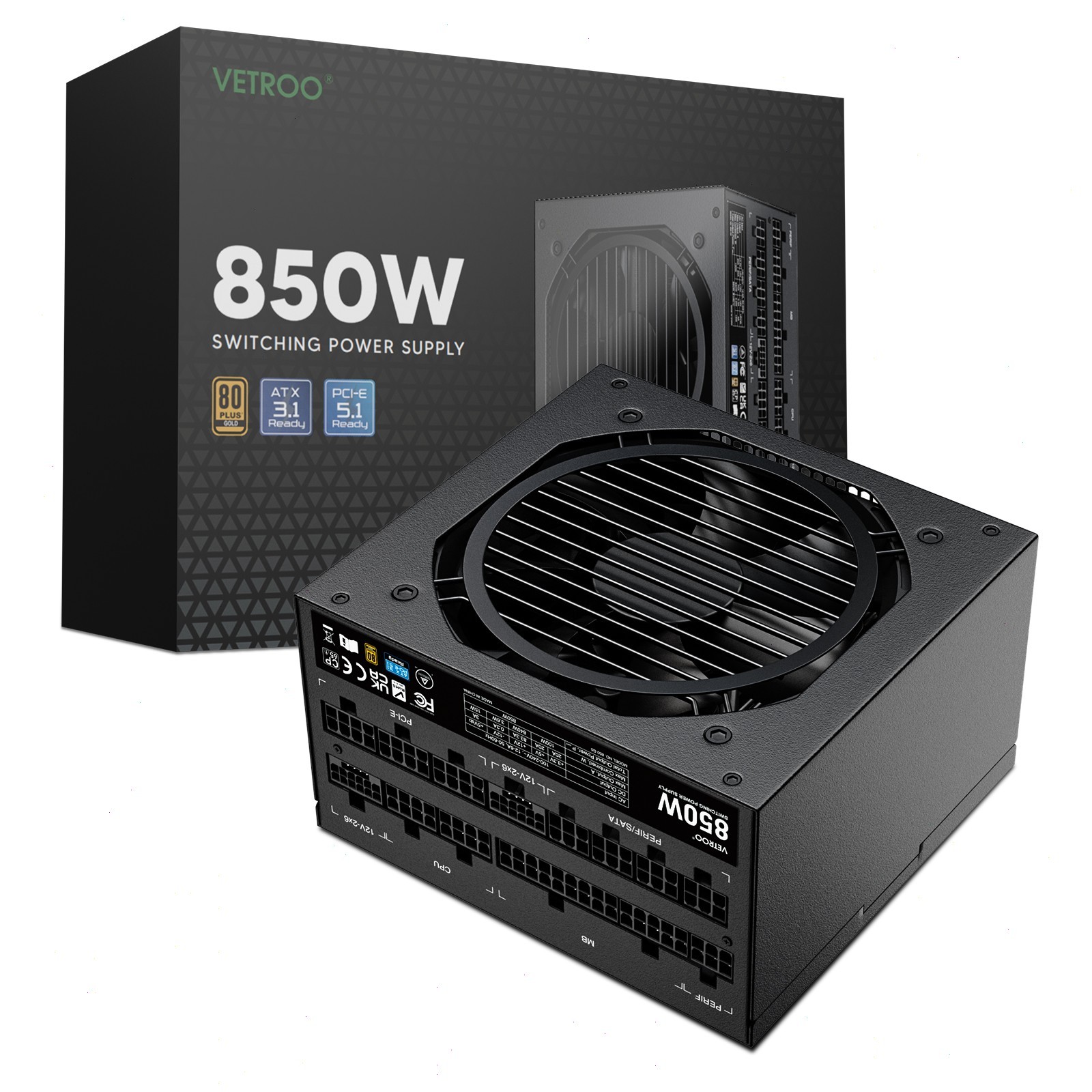 Vetroo 850W Full Modulal Power Supply PCIe 5.1 & ATX 3.1, 80 Plus Gold - Black