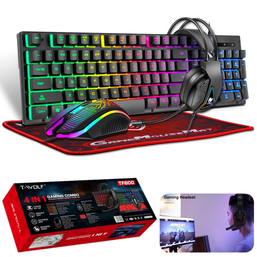 4 in 1 PC Gaming Keyboard Mouse & Headset Set RGB LED Gamer Bundle w/Mouse Pad