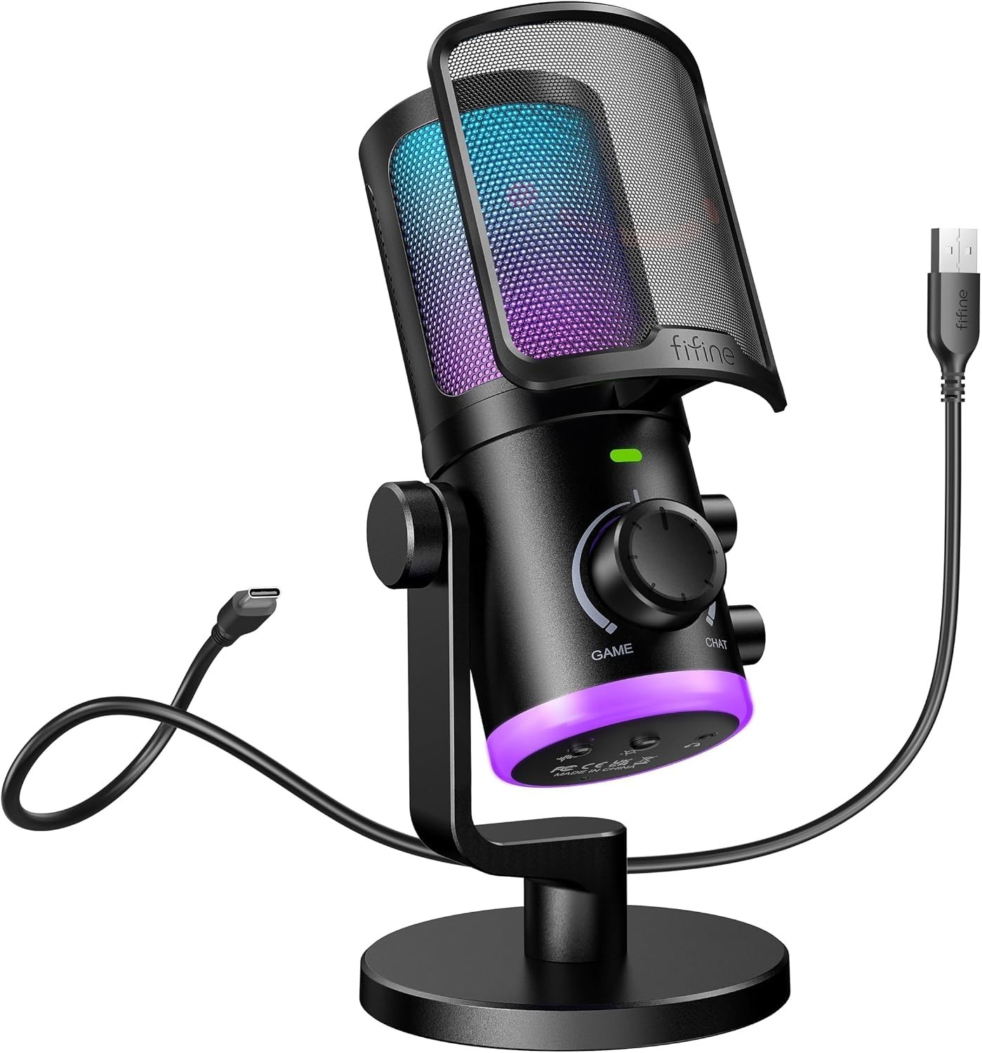 FIFINE AMPLIGAME AM6 USB RGB Condenser Gaming Chat Microphone, Black