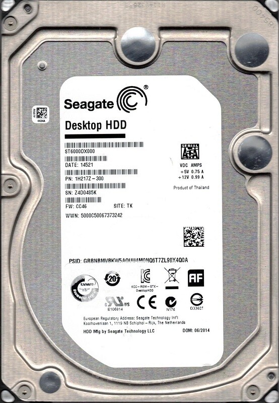 ST6000DX000 P/N: 1H217Z-300 F/W: CC46 TK Z4D Seagate 6TB