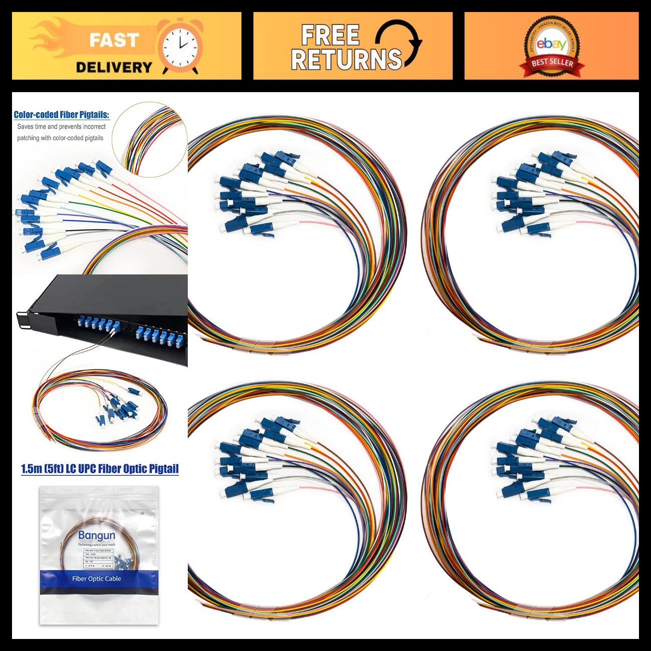 12 Strand Singlemode 9/125 LC-UPC Fiber Optic Pigtail - 4 Pack, 1.5M Cable