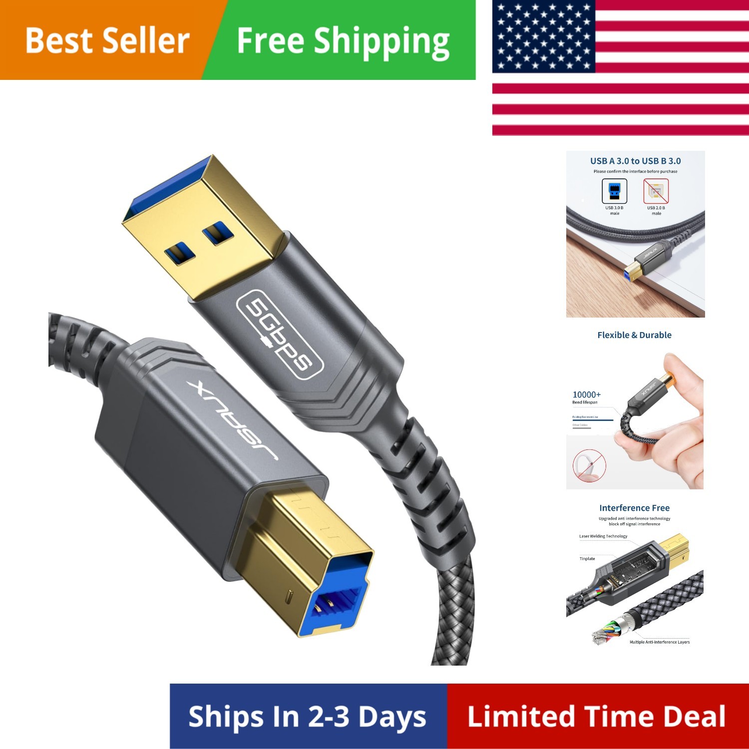 USB 3.0 Printer Cable, Type A Male to B 3.0 Male 6.6ft/2M USB 3.0 Type B Upst...