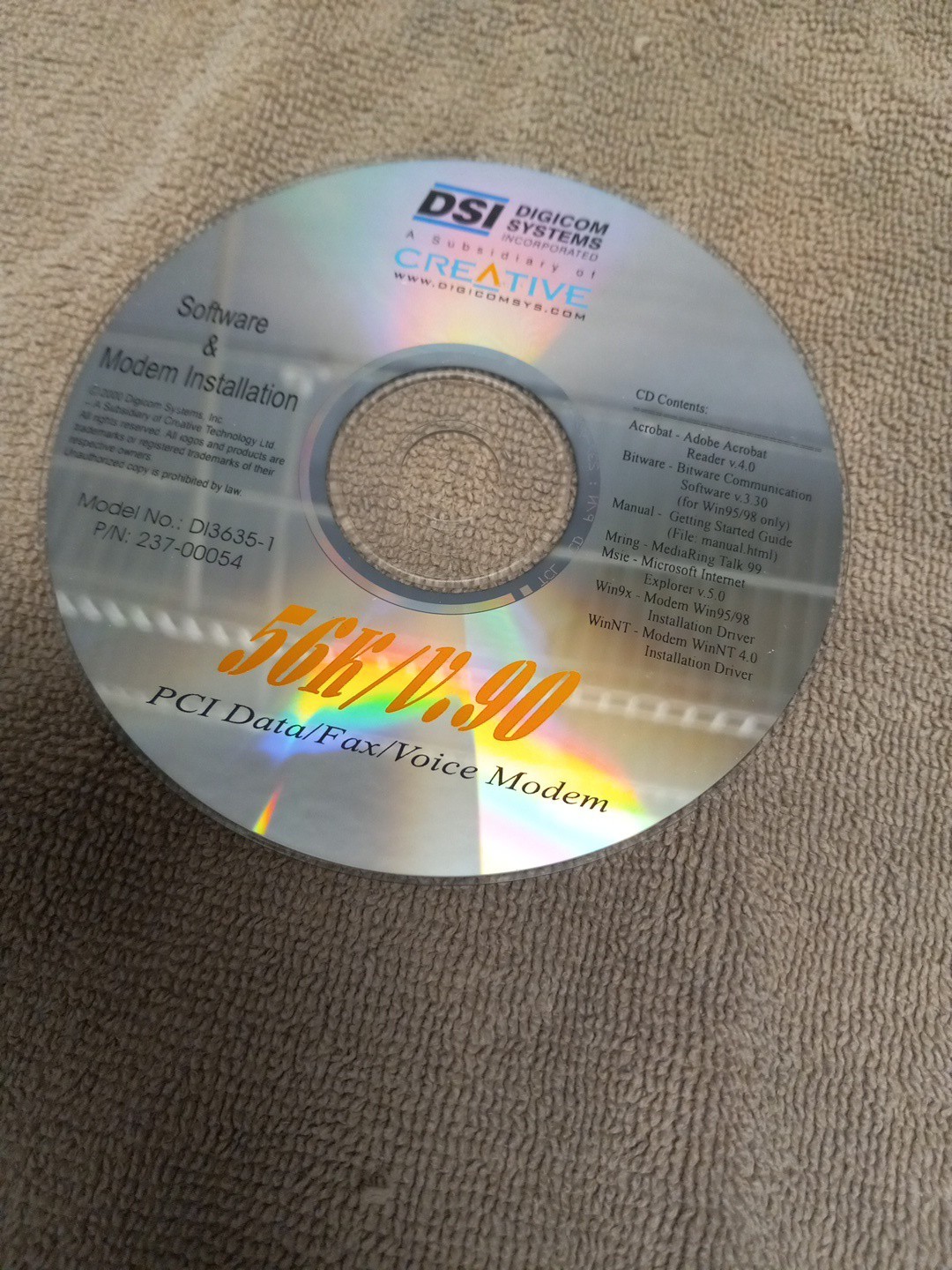 Digicom Systems DI3635-1 56K/V.90 Software & Modem Installation CD Windows 98/95