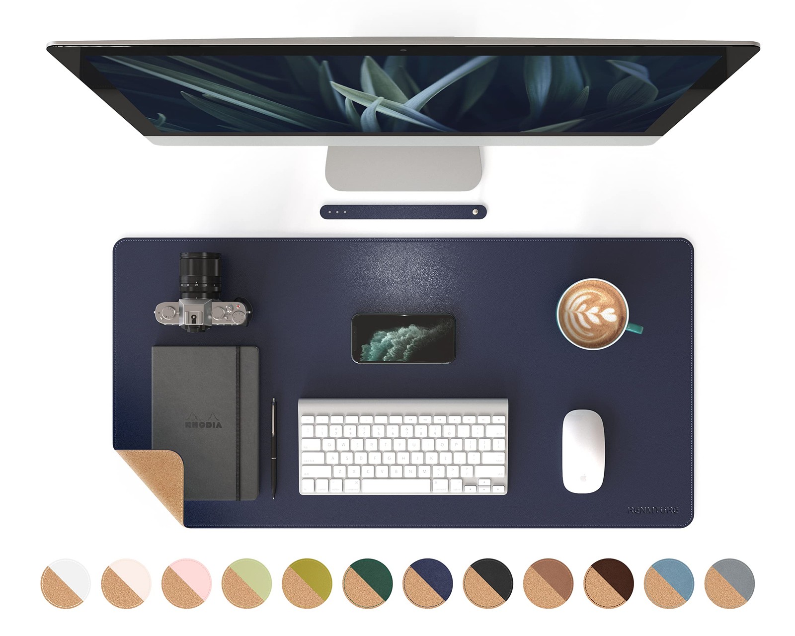 RENMTURE Dual-Sided Mouse Pad Natural Cork & PU Leather Dark Blue 32"x16"